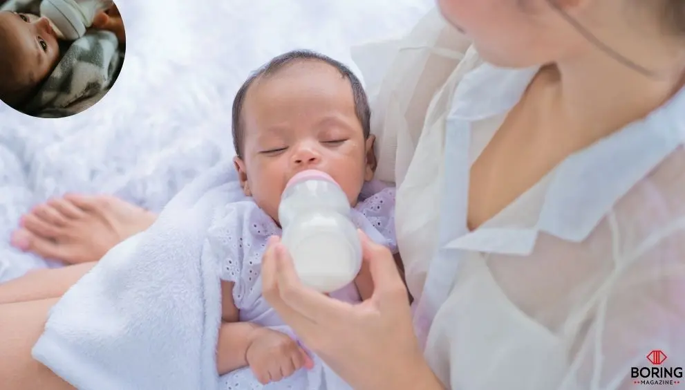 a women lactation her new born baby with bottle